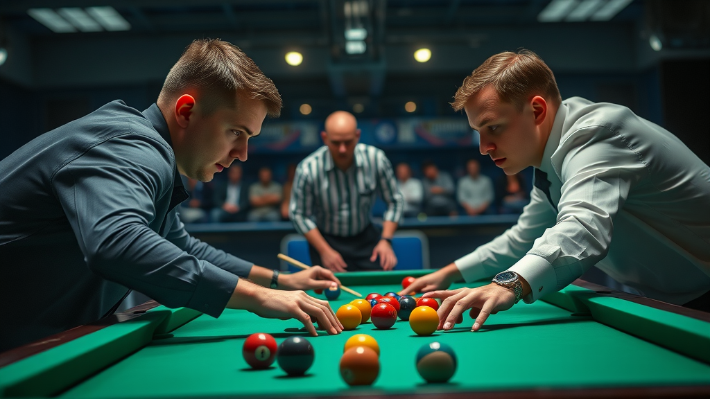 two pool players strategizing over complex table layout at professional tournament, focused spotlight