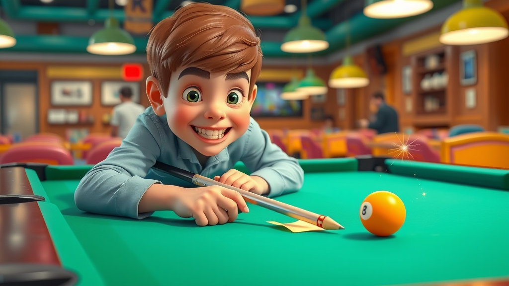 Young pool player uses sticky notes and chalk marks to practice pool table angles