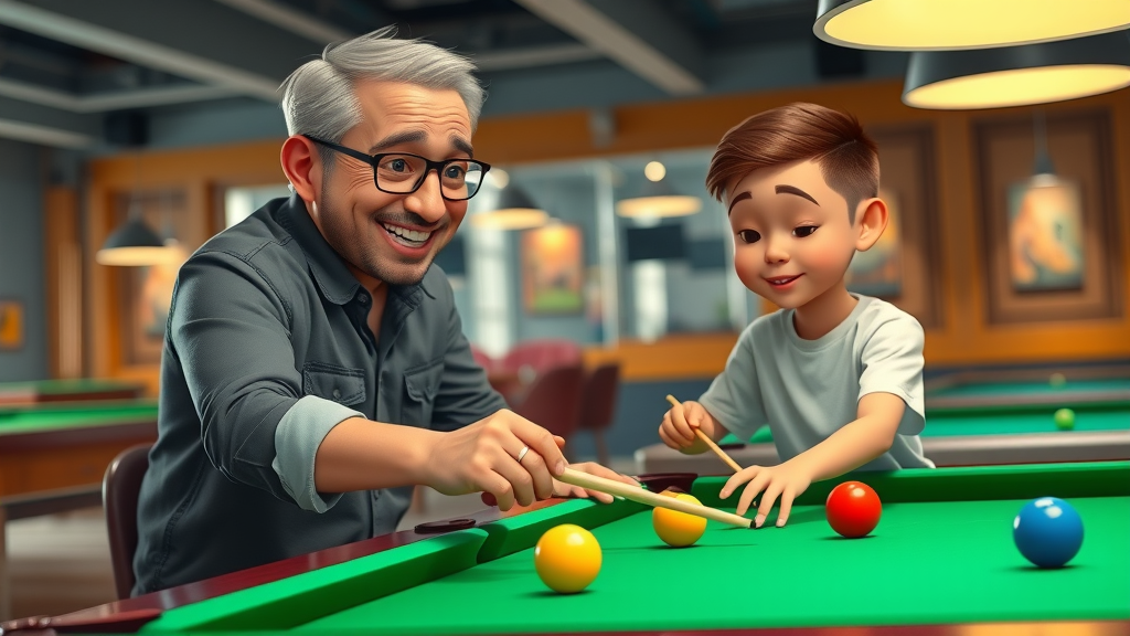 Experienced pool coach instructing young player in a pool club, demonstrating billiard strategy tips for improving your pool game