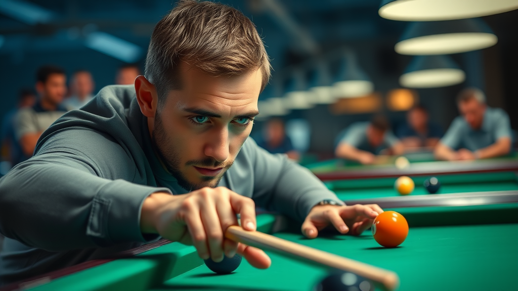 highly-focused pool player lining up a shot using pool game tactics in a professional pool hall