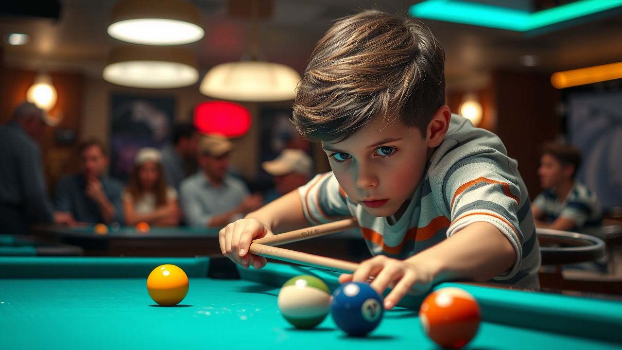 billiard strategy focused professional pool player, intense concentration, lining up a precise shot, upscale pool hall environment, cue motion and chalk dust