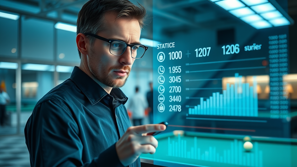 analytical sports scientist examining snooker statistics on digital display for snooker strategy improvement
