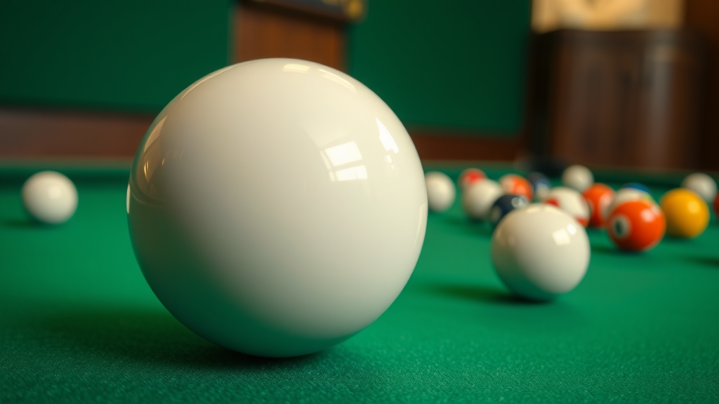 Closeup spinning cue ball advanced billiard techniques side-spin control photorealistic pool table motion