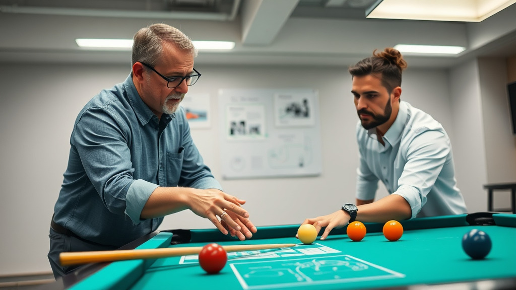 Pool coach teaching shot angles with visual guides to student on pool table