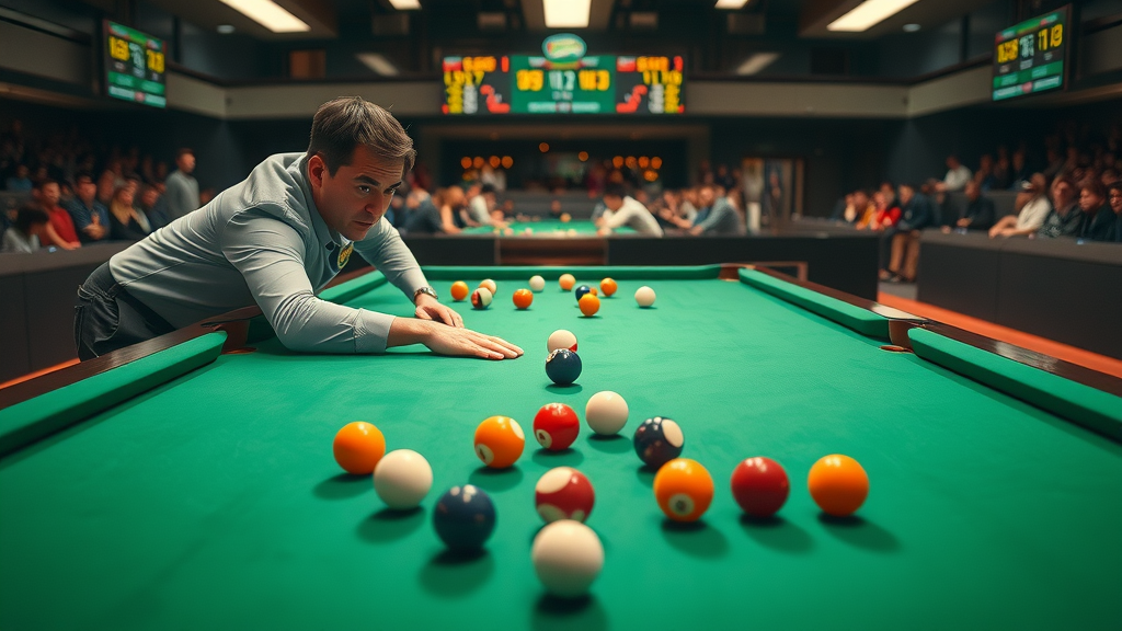 player using pool game tactics to analyze ball layout and table strategy in tournament