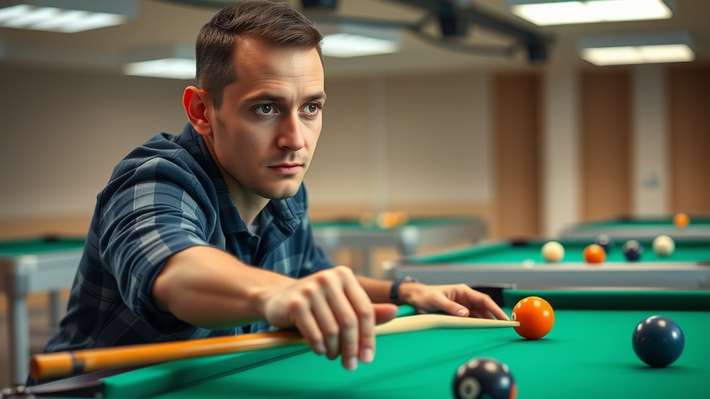 billiard positioning drills for beginners, player using training aids and markers on a well-lit billiard table, practice in progress