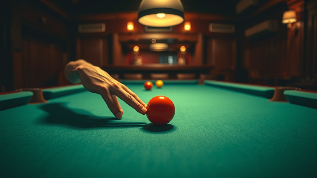 Pool bank shot demonstration with cue and ball angles highlighted