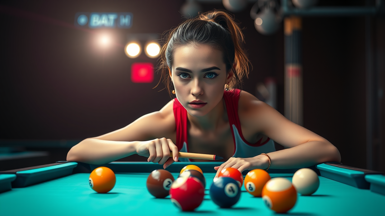 Confident pool player breaking on a billiard table with scattered balls, representing break shot and billiard strategy tips