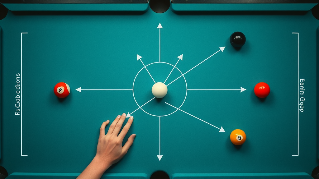 Instructional diagram showing cue ball and object ball interaction with chalk lines indicating cue ball routes
