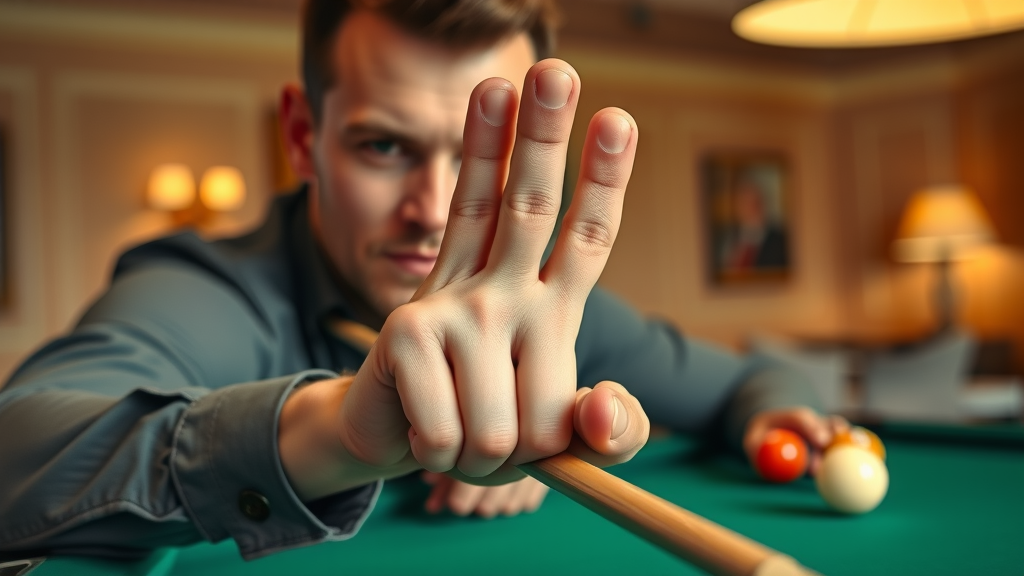 billiard positioning hand bridge and cue alignment demonstration using the 2 finger rule on a classic pool table, close-up