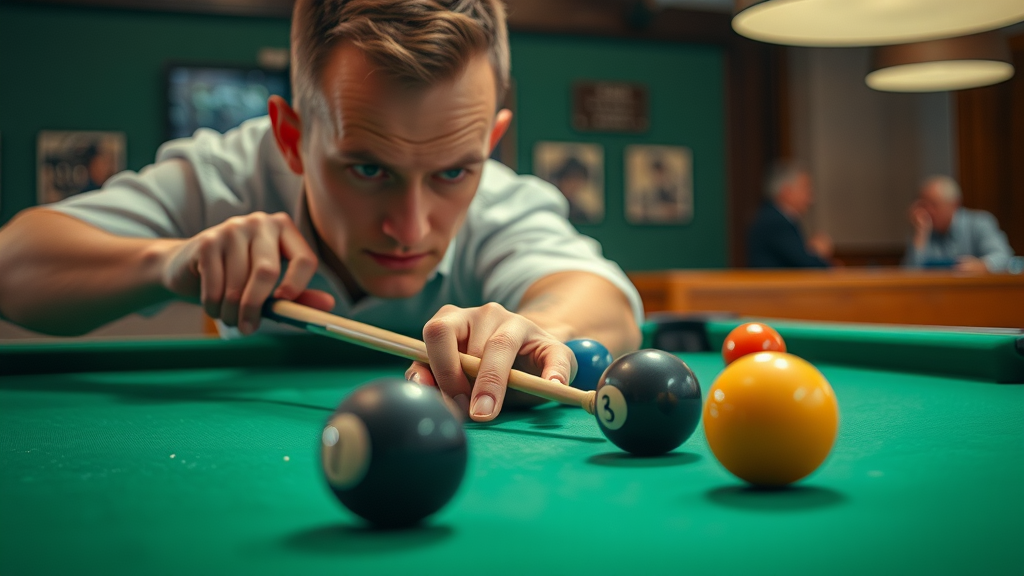 Dynamic billiards table close-up with focused player calculating pool table angles