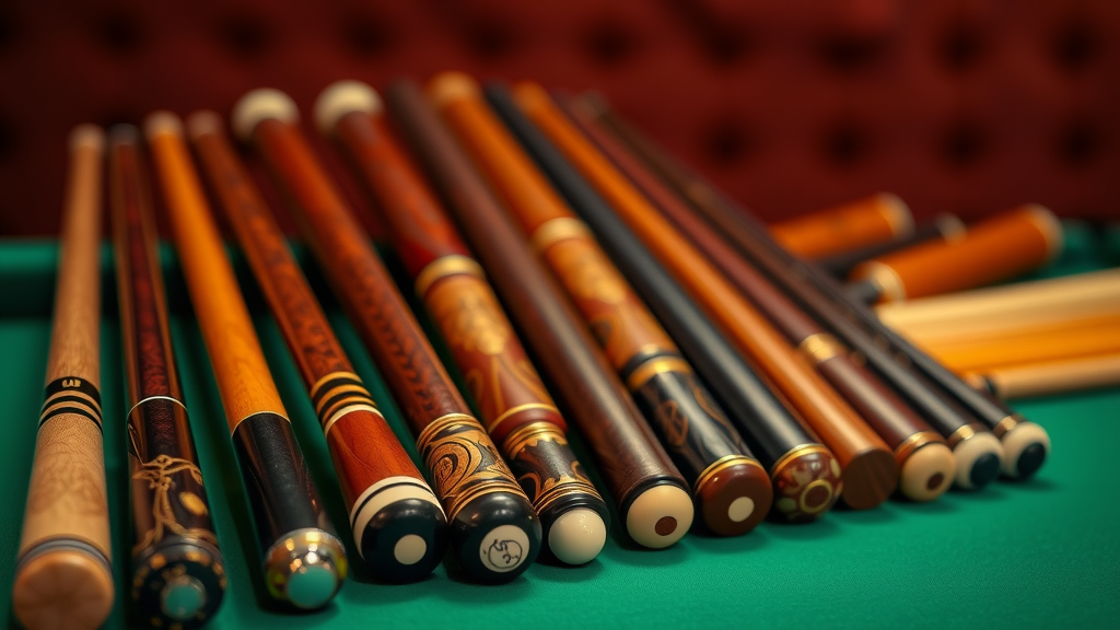 Selection of elite cue sticks for advanced cue ball control lifelike pool table velvet background