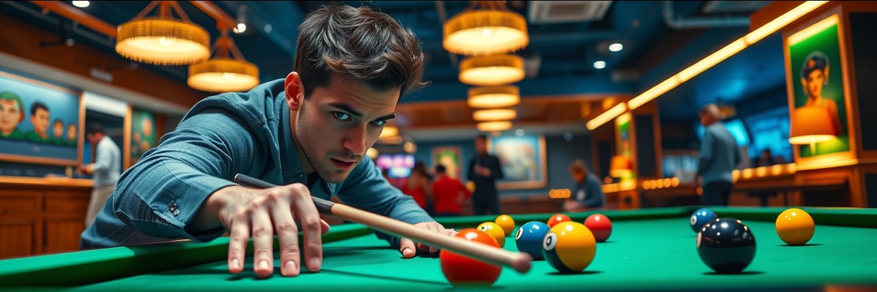 Focused young man aiming billiards shot in modern club, energetic setting