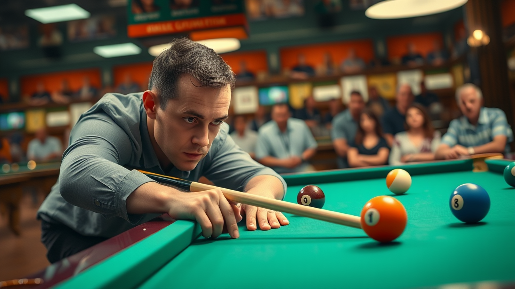 billiard positioning in a dynamic billiards match with players focusing on shot strategy, realistic vibrant pool hall ambiance, detailed