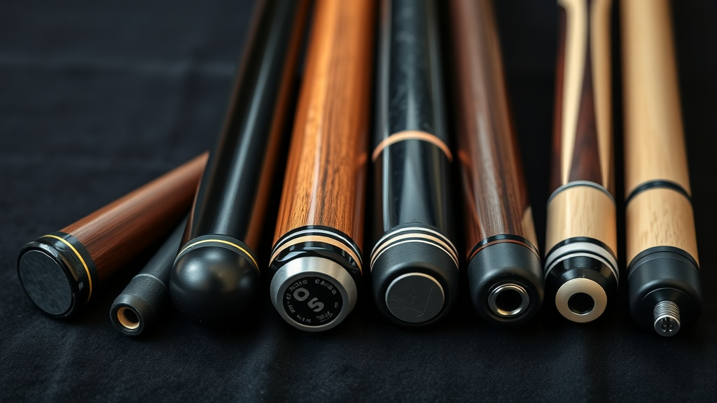 Professional pool cues with variation in tip shapes and weights, essential for billiard strategy tips