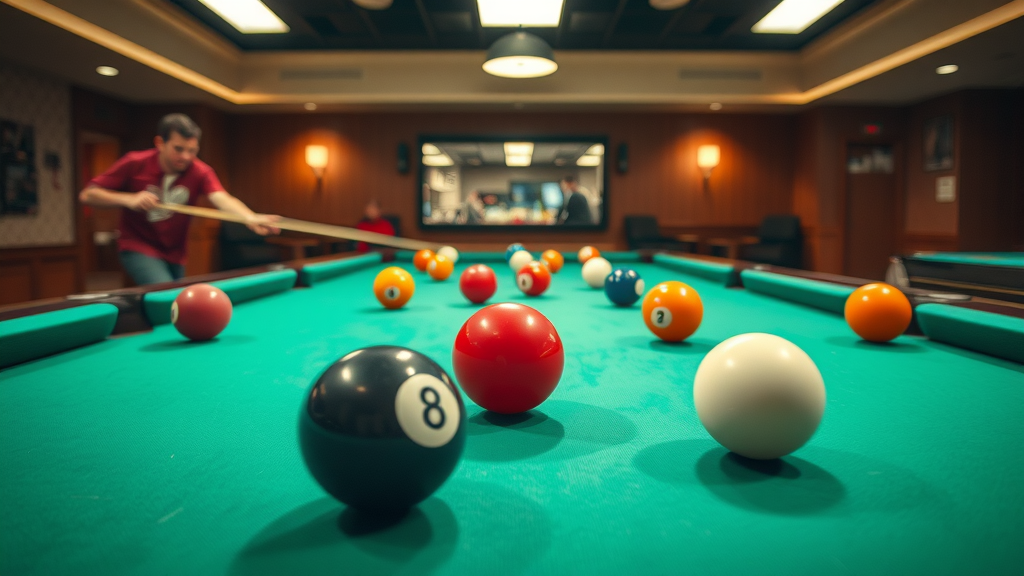 High-energy pool shot sequence showing ball trajectories and pool table angles