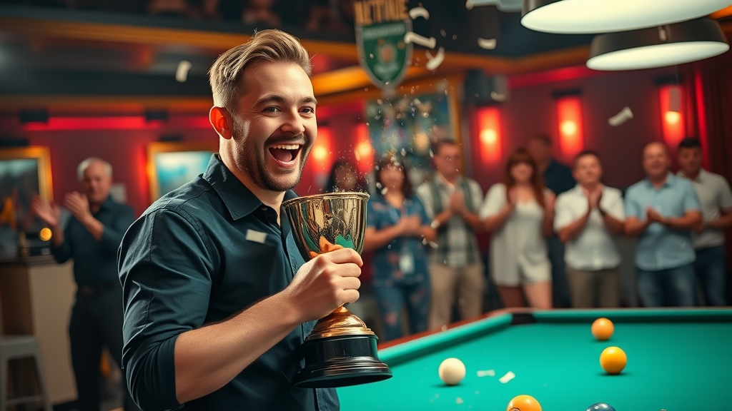 Victorious pool player holding a trophy after applying billiard strategy tips, celebrating in a busy billiard club
