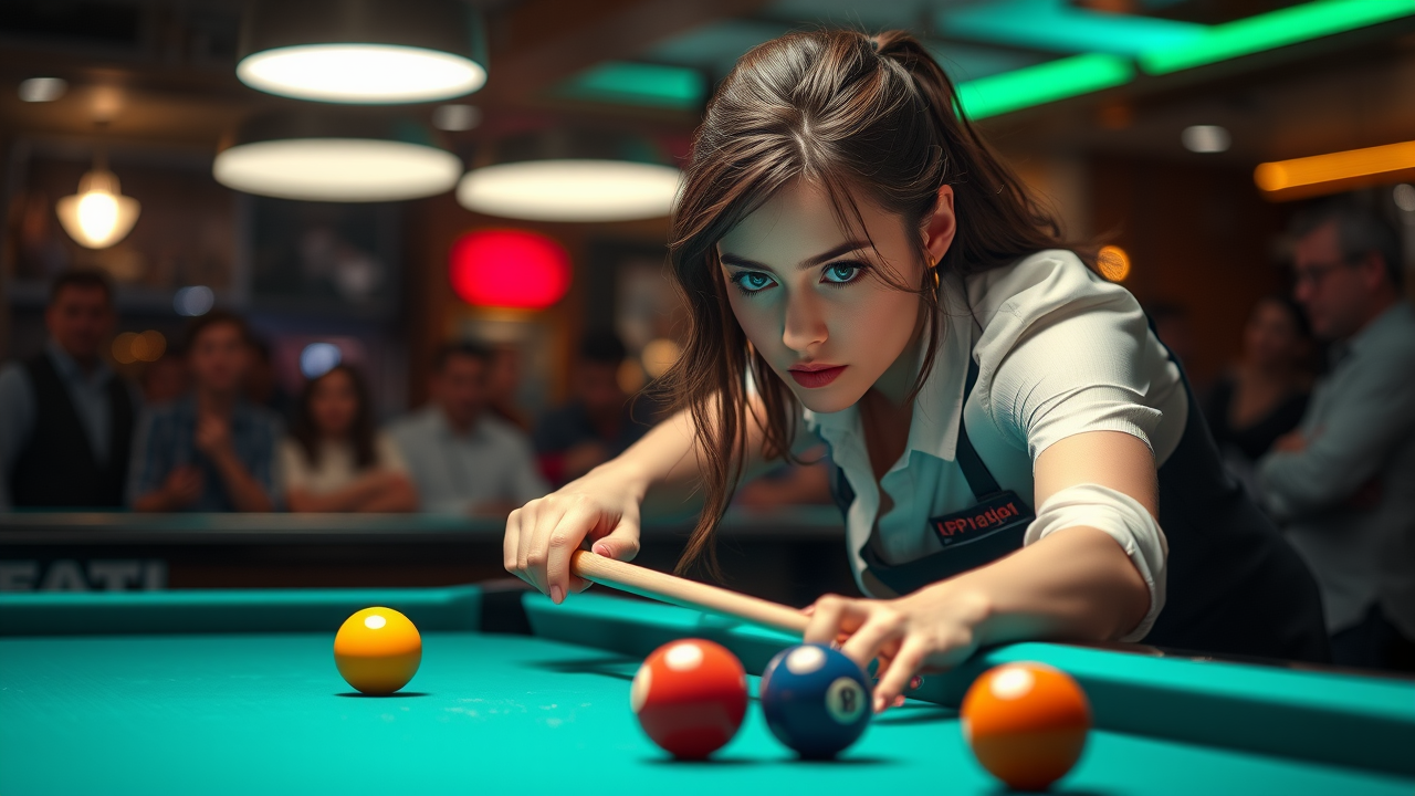 billiard strategy focused professional pool player, intense concentration, lining up a precise shot, upscale pool hall environment, cue motion and chalk dust
