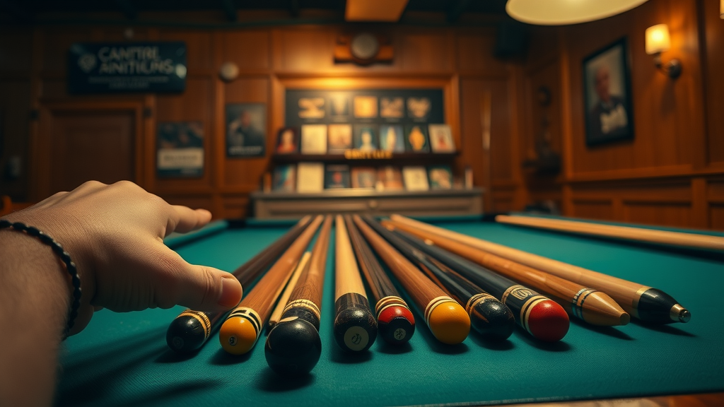 selection of elegant pool cues in pro shop emphasizing tactics for pool players