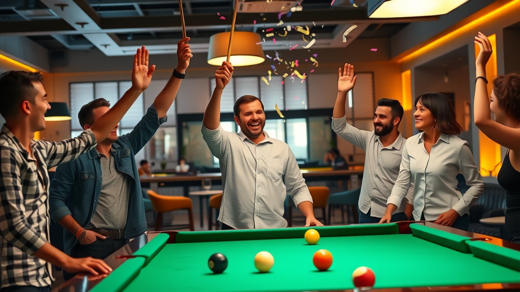 Billiards champion triumphs, raising cue as friends celebrate in colorful lounge.