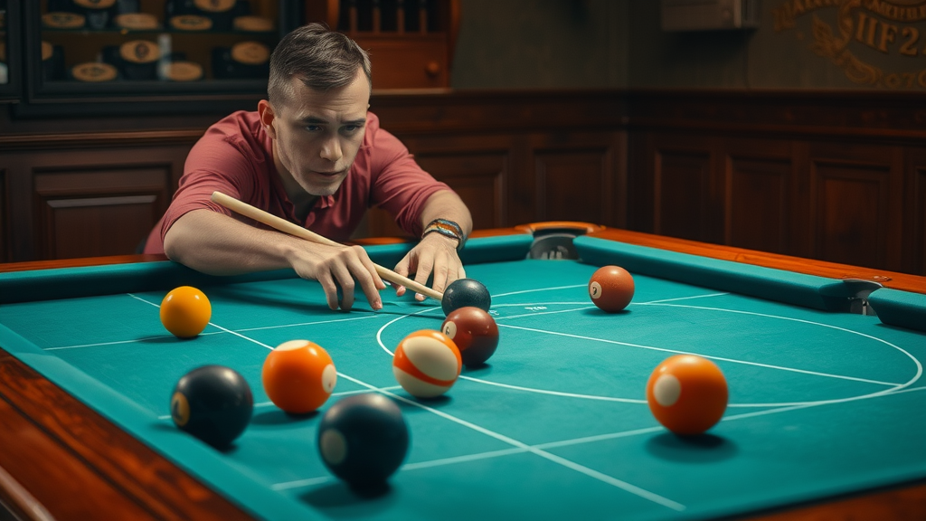 Strategic pool scenario showing player using tangent lines for cue ball control on pool table