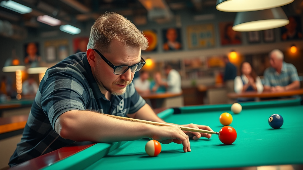 compelling pool hall scene focused pool player analyzing table layout billiard game planning