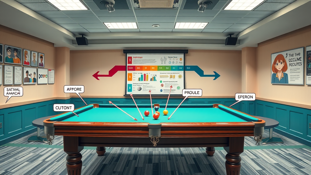 billiard safety play infographic pool table labeled objects action arrows educational display modern training room