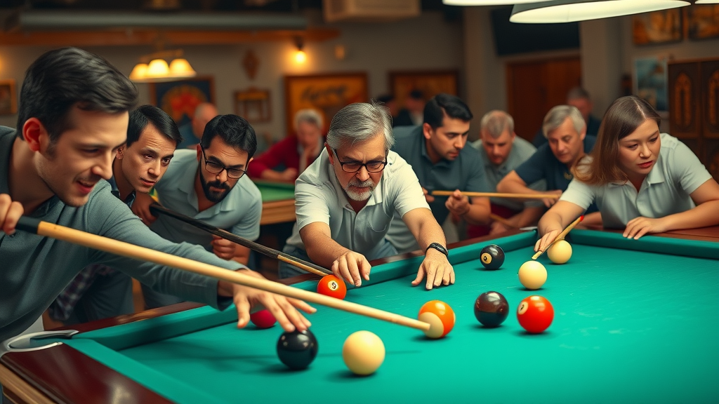 Pool players practicing cut angle shots on pool table in group setting