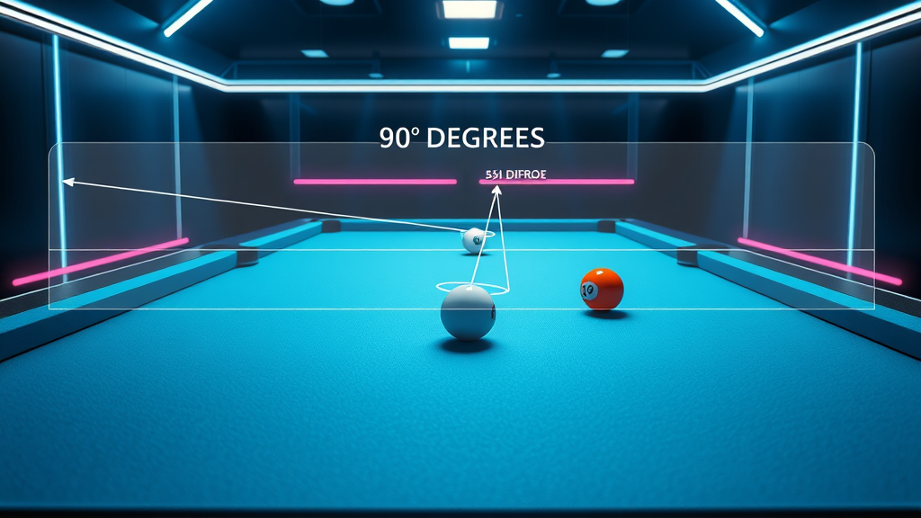 Digital pool shot overlay showing 90-degree and 45-degree rules with trajectories