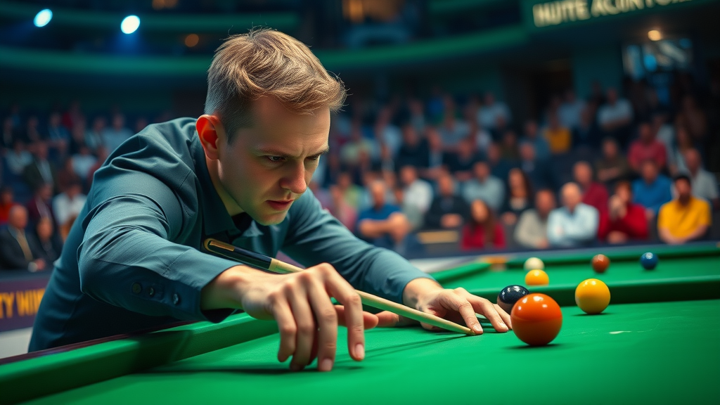 dynamic snooker player mid-shot deciding on offense vs. defense for strategic shot selection