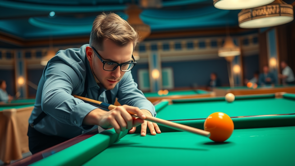 Professional pool and billiard players using advanced billiard techniques cue ball control tournament hall elegant tables