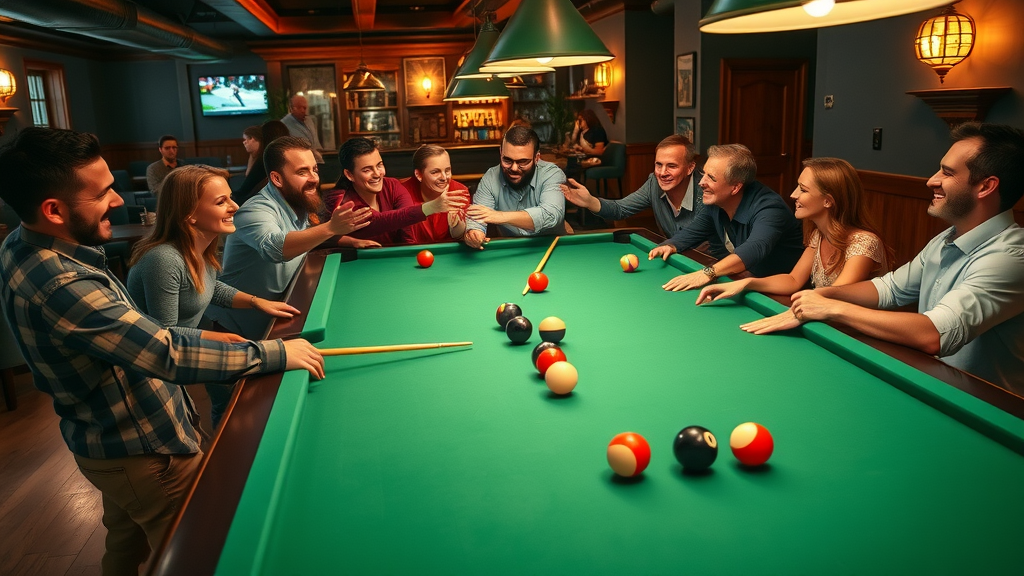 Friends enjoying billiards at a vibrant lounge, focus on camaraderie and play.