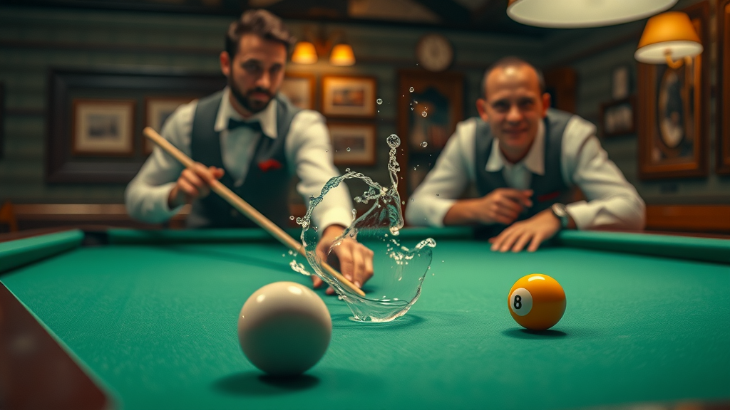 billiard safety play scratching in pool cue ball dropping into pocket surprised opponent classic club setting