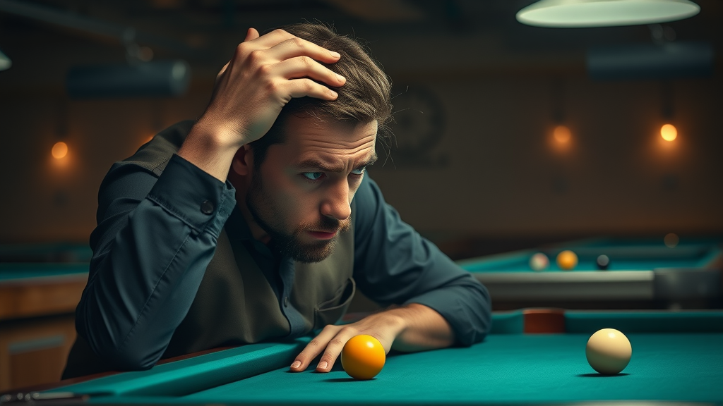 Distraught billiards player advanced billiard techniques miscue avoiding mistakes pool hall night