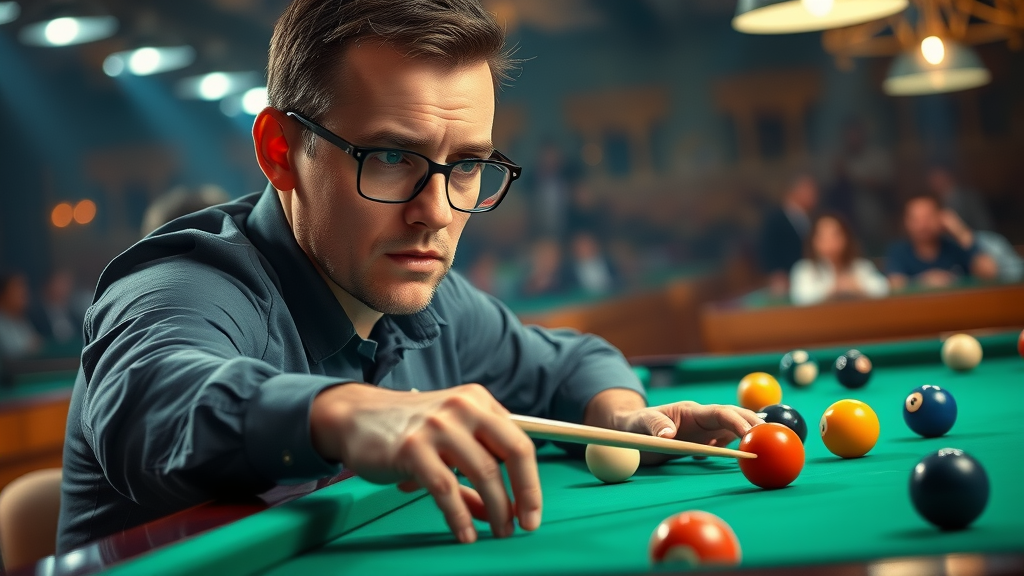 advanced billiard positioning with professional player analyzing multi-shot scenario, tournament setting, complex shot sequence visible