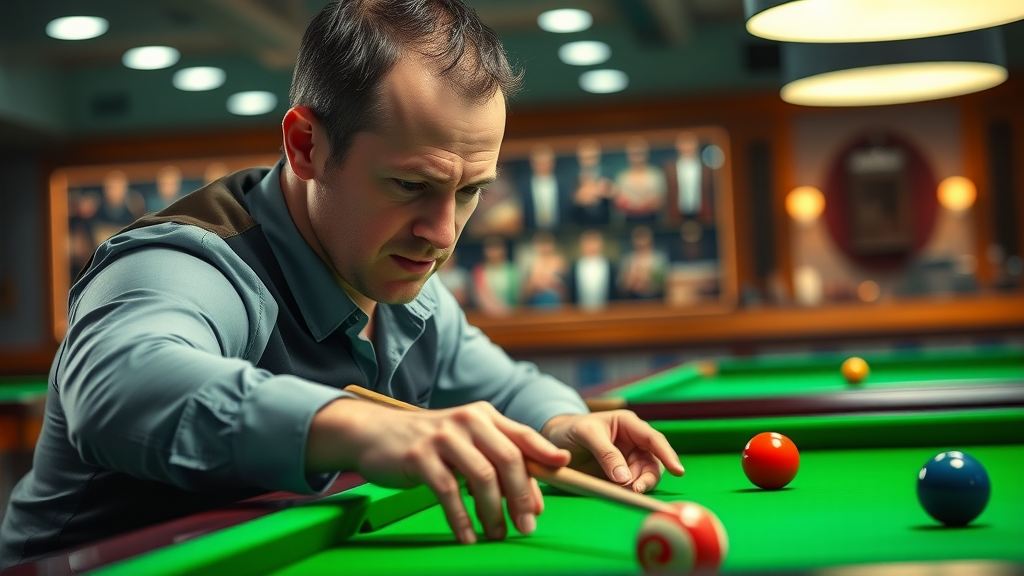 focused professional snooker player analyzing snooker table layout with intense concentration in a modern snooker club, snooker strategy