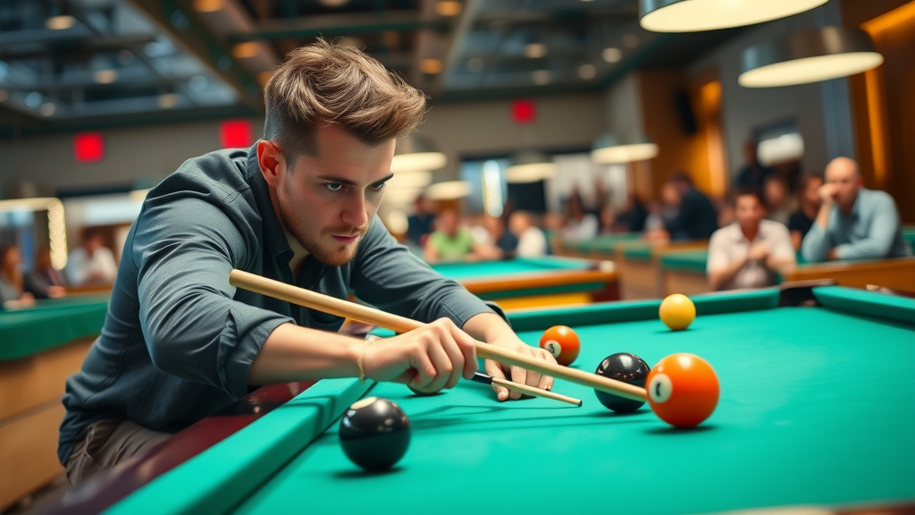 billiard safety play advanced player executing defensive safety shot in 8 ball vibrant billiard hall
