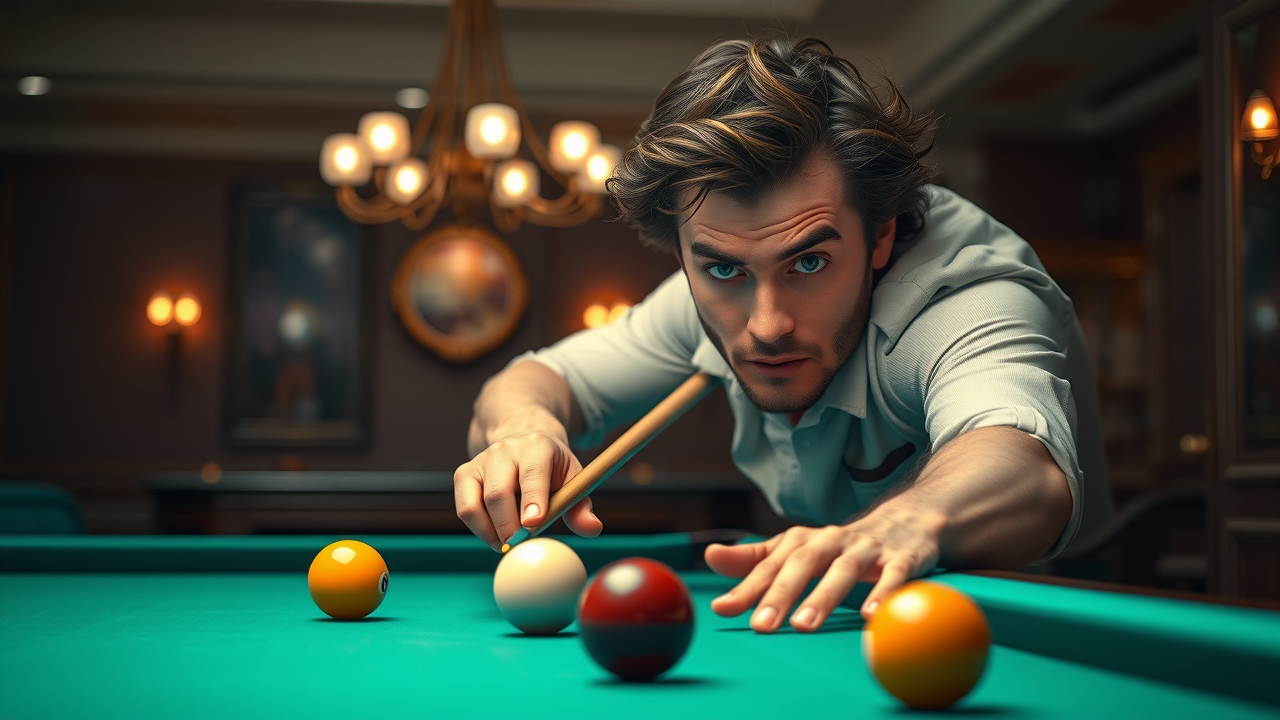 Dynamic pool player applying precise cue ball control technique in an elegant billiards hall