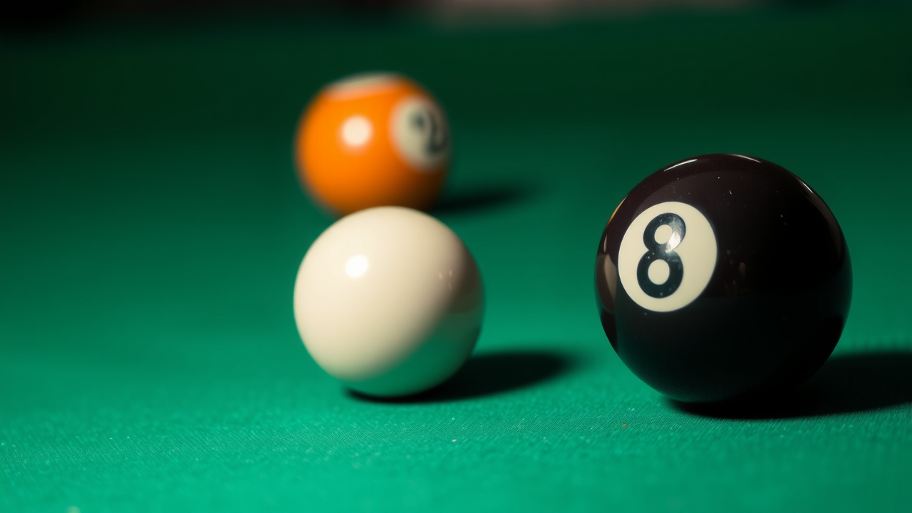 Close-up pool cue striking cue ball with back spin to demonstrate draw shot for cue ball control