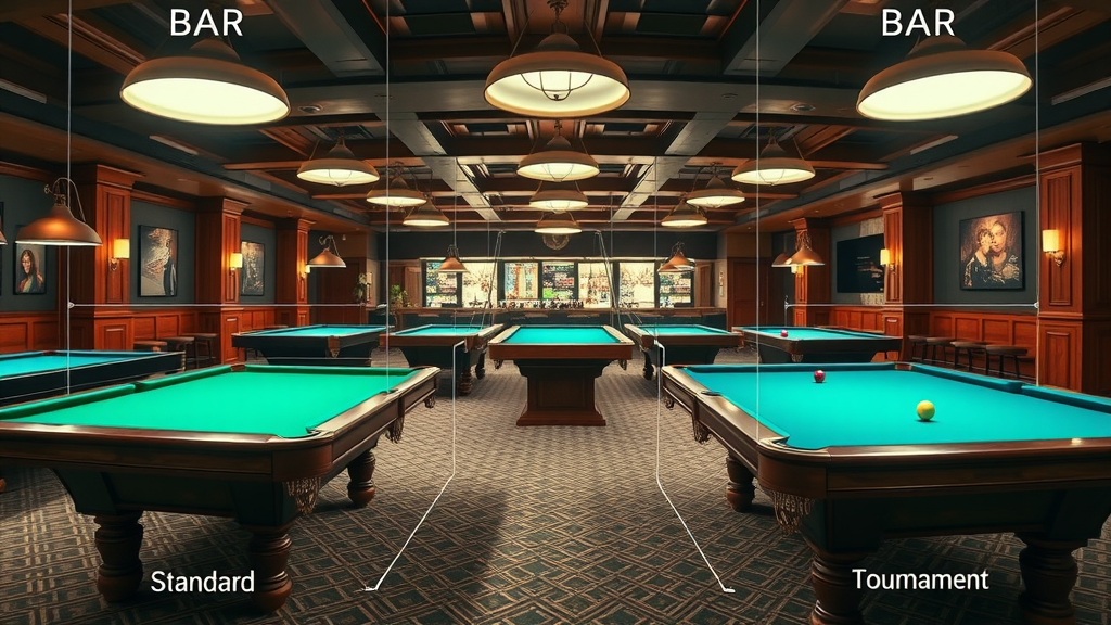 Comparative view of various pool table sizes with angle lines overlaid for reference