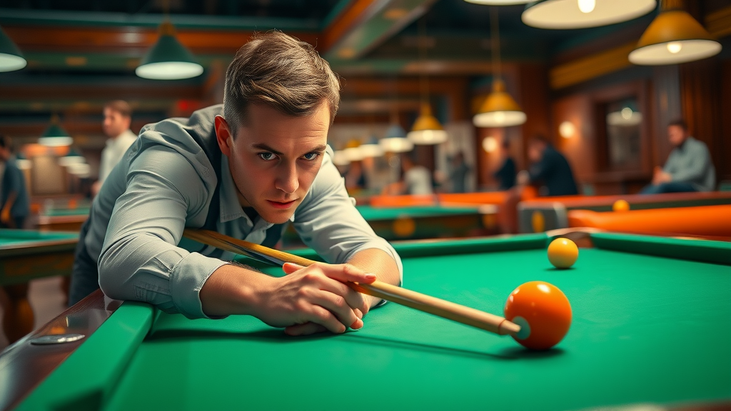 billiard safety play intense focused player analyzing cue ball on green table vibrant pool hall background