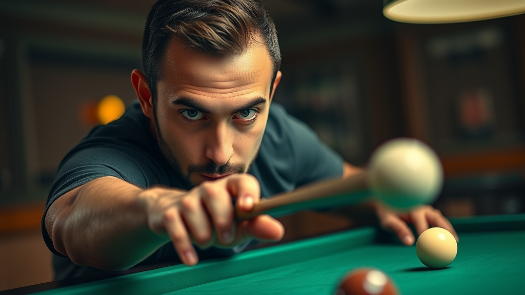 Confident pool competitor advanced aiming line technique photorealistic demonstration