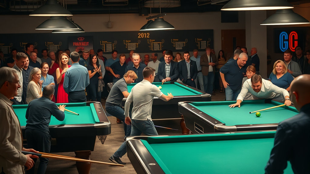 Billiards tournament with players and fans in a lively, welcoming lounge setting.