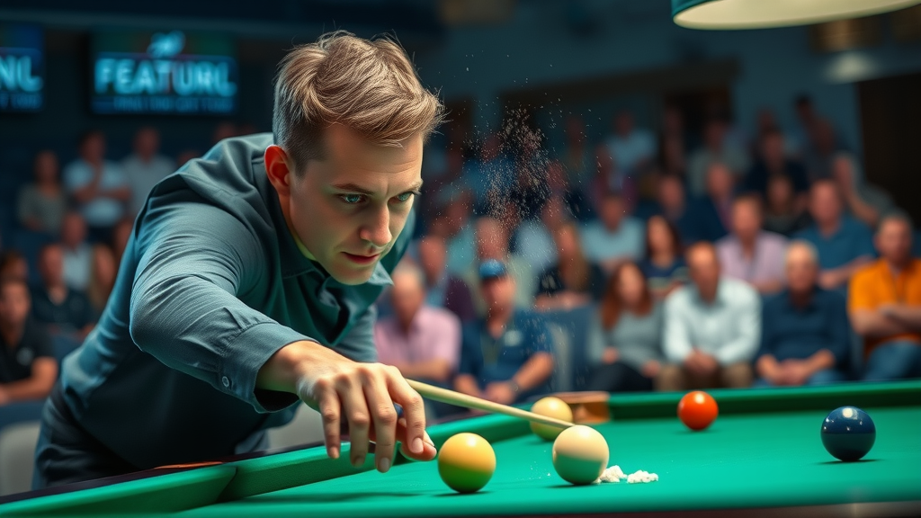Skilled billiards player performing advanced jump shot technique pool and billiard competition