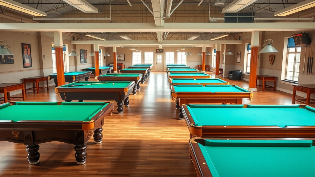 rows of classic and modern pool tables side by side in well-lit showroom
