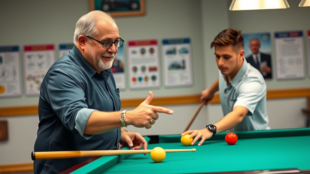 confident pool coach teaching pool game tactics and stance to student