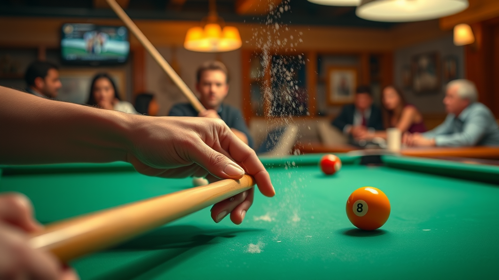 Close-up of a skilled billiards player chalking cue and aiming for a winning shot.