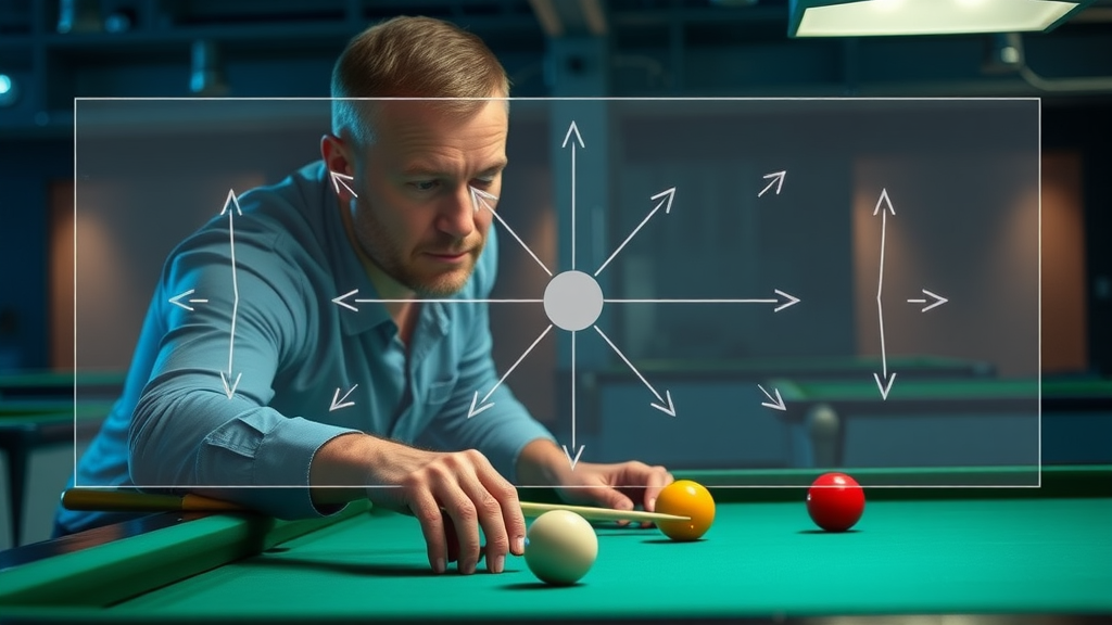 billiard safety play tactics diagram strategic cue ball and object paths modern competitive arena cinematic lighting