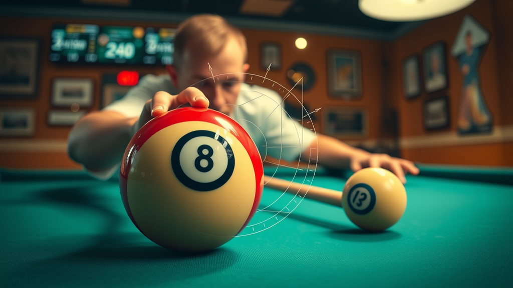 Pool table angle measurement visualization with cue ball, object ball, and protractor overlays