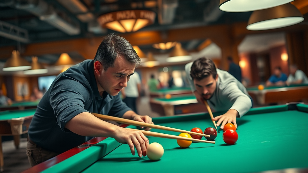 billiards shot selection in immersive pool hall with competitive players analyzing table layout
